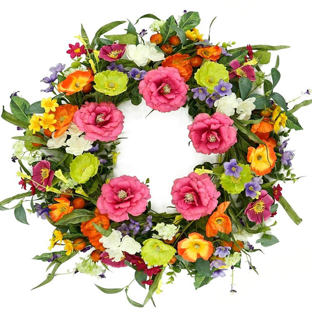 Artificial Spring Summer Wreaths for Front Door Peony Wreath Colorful Floral Wreath with Peony,Daisy,Poppy Flower Lavender for Indoor Outdoor Farmhouse Home Wall Window Festival Decoration