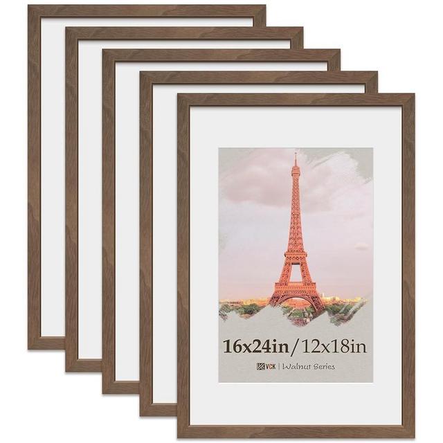 VCK 16x24 Poster Frame 5 Pack, Natural Wood Grain Brown Walnut, Display 12x18 Picture with Mat or 16x24 without Mat, Wall Hanging