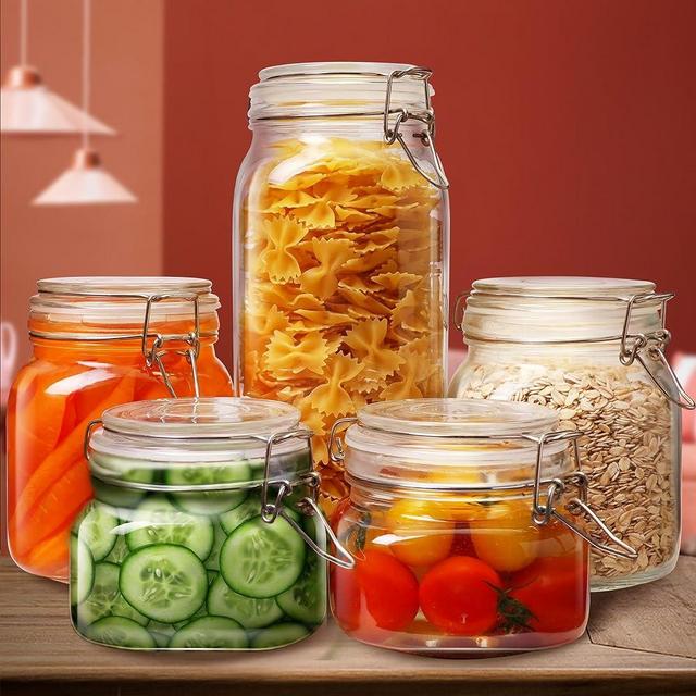 HomArtist Square Glass Jars with Airtight Lid [ Multi Size Set of 5 ],Glass Canisters with Clamp Lids,Glass Food Storage Jar for Coffee,Sugar, Pasta, Cereal,Best for Canning, Kitchen & Pantry Storage