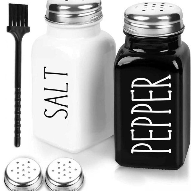 Salt And Pepper Shakers Set, Black White Glass Salt Shaker Sets With Stainless Steel Lids, Farmhouse Salt And Pepper Shakers for Cooking, Picnic, Camping, Barbecue, Party-Modern And Cute Kitchen Decor