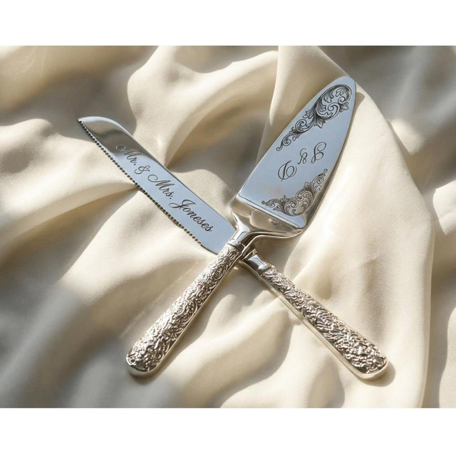 Personalized Wedding Cake Cutting Set, Engraved Stainless Steel Knife & Server