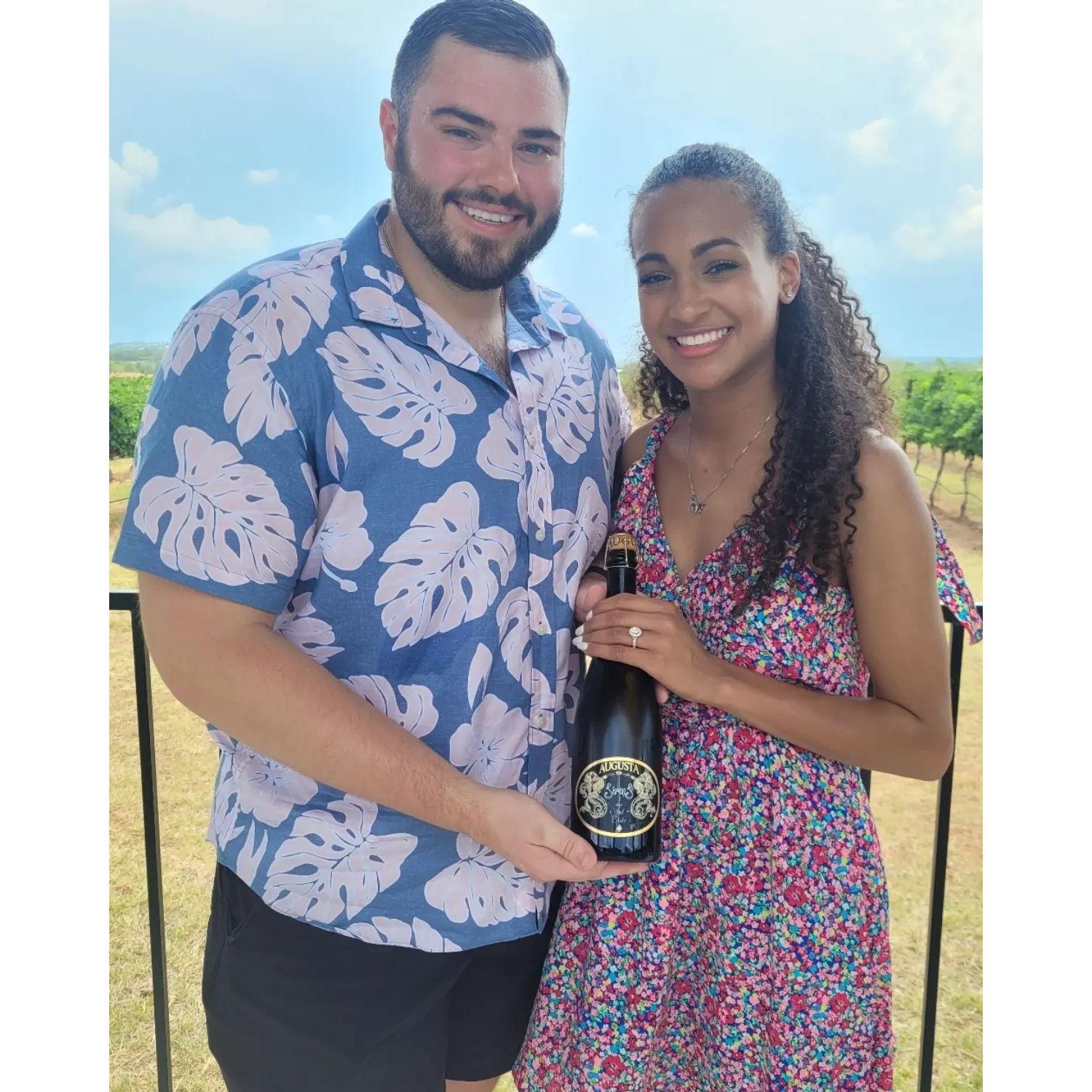 June 27, 2022 or the day we got engaged! We posted on social media the following day. This was at Augsta Vin in Fredricksberg, Tx.