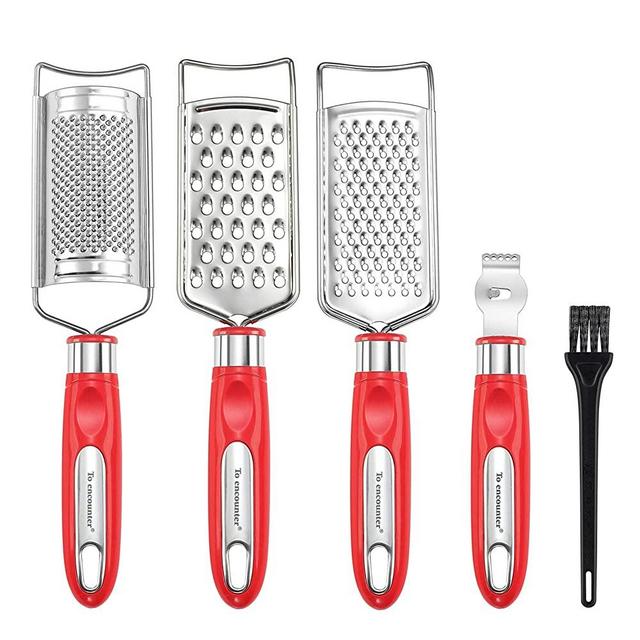 To encounter Cheese Grater Set, Set of 5 Food Grater for Vegetable, Fruit, Chocolate Stainless Steel Multi-purpose Kitchen Grater & Peeler & Slicer, Lemon Zester with Cleaning Brush (Red)