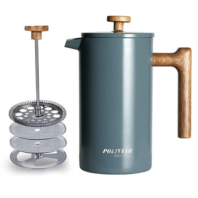 POLIVIAR French Press Coffee Maker, 34 oz Coffee Press with Teak Wood Handle, Double Wall Insulation & Dual-Filter Screen, Food Grade Stainless Steel for Good Coffee and Tea (Alpline)
