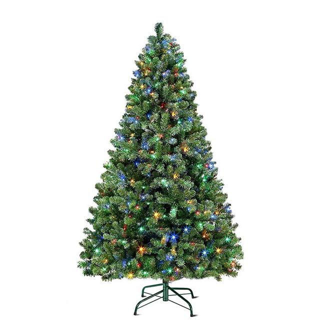 SHareconn 6.5ft Prelit Premium Artificial Hinged Christmas Tree with 330 Warm White & Multi-Color Lights, 1018 Branch Tips and Foldable Metal Stand, Perfect Choice for Xmas Decoration, 6.5 FT
