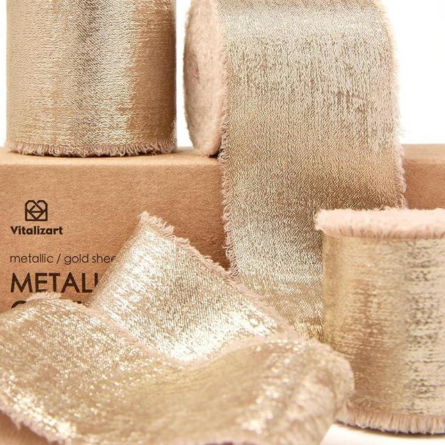 Vitalizart Metallic Chiffon Ribbon 1-1/2 inch x 15 Yard Light Nude Gold Ribbon Silk Handmade Frayed Brown Ribbons for Gift Wrapping Baby Shower Wedding Bridal Bouquets Birthday Holiday Decor