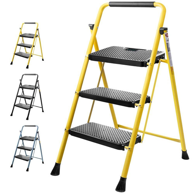 TICONN 3 Step Ladder, Heavy Duty Foldable Step Stool, Portable Steel Folding Stool for Household Garage Storage (Yellow)