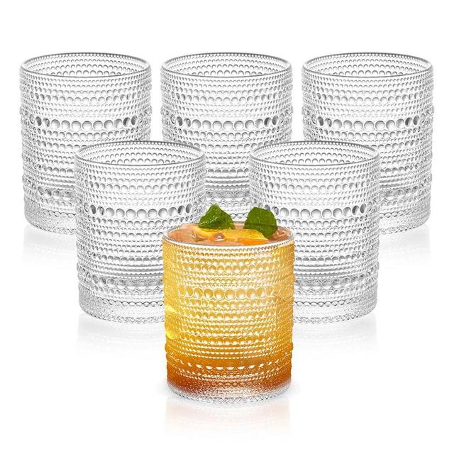 Vintage Dot-Pattern Drinking Glasses Set of 6 – 14.5 oz Clear Short Glass Cups – Embossed Textured Glassware with Anti-Slip Grip, Water Juice Soda Cocktail Tumblers – Thick Glass, Dishwasher Safe