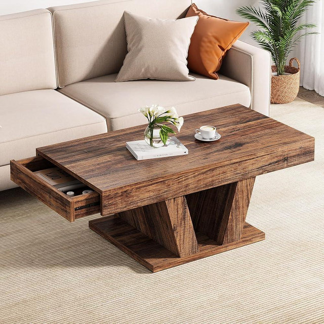 Condemo Farmhouse Coffee Table with 2 Side Drawers, 43 inch Wood Center Tea Table with Hidden Storage, Rectangle Cocktail Table for Living Room, Office, Small Space, Brown