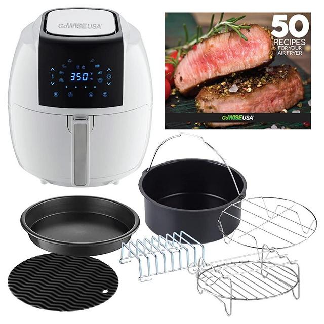 GoWISE USA GWAC22004 5.8-Quarts 8-in-1 Digital Air Fryer with 6-Piece Accessory Kit + 50 Recipes (White), QT