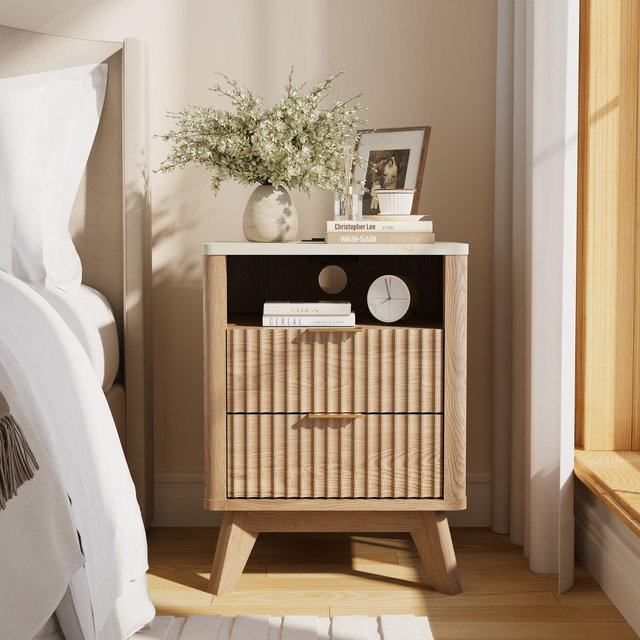 18" Modern Fluted Nightstand with Charging Station, Side Table with Faux Marble Top for Bedroom, Living Room, Beige