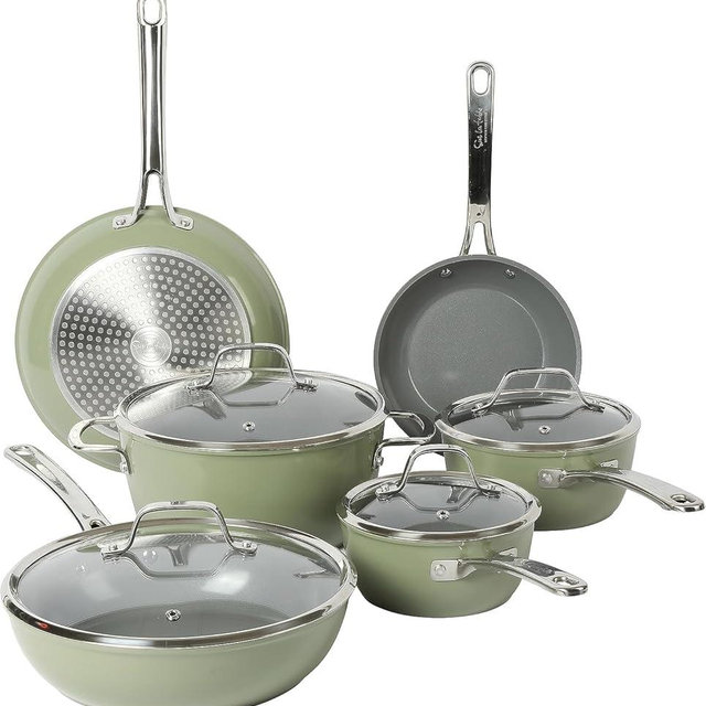Sur La Table Kitchen Essentials Cool Commune Hard Anodized 10 Piece PFA Free Ceramic Non stick Interior Forged Durable Aluminum Pots and Pans Cookware Set - Green - Induction Compatible