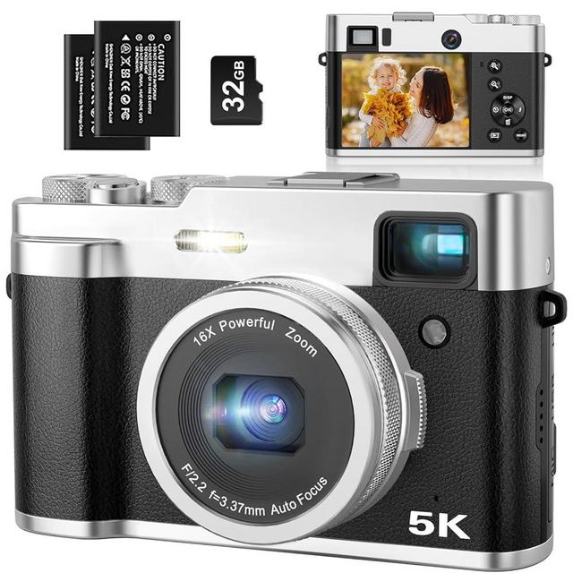 5K Digital Camera for Photography Autofocus 48MP Vlogging Camera for YouTube 16X Digital Zoom Point and Shoot Cameras with SD Card, 2 Batteries, Viewfinder & Mode Dial