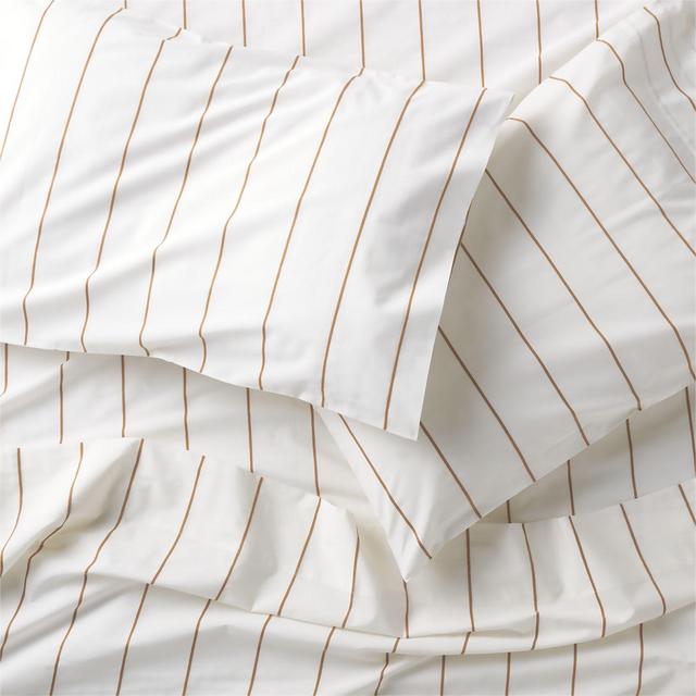 Organic Percale Cotton Striped Brulee Brown and White King Sheet Set