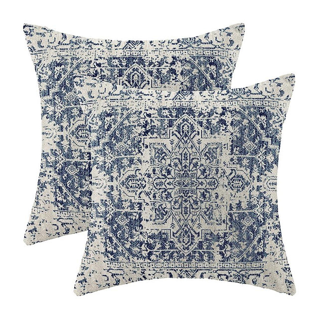 Gohdiwh Boho Pillow Covers 18x18 Set of 2, Ethnic Design Decorative Throw Pillows Linen Blue Carpet Pattern Farmhouse Cushion Pillow Covers for Sofa Couch Outdoor