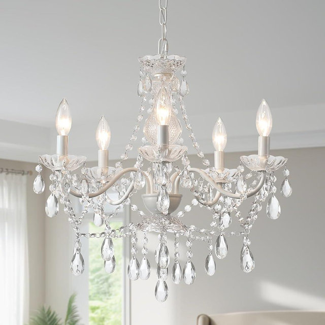 AMZASA Crystal White Chandelier, Ceramic White Hanging Pendant Light,Crystals Pendant and Acrylic Dish,5 Light Crystal Chandeliers for Ceiling Medallions,Wedding,Dining,Kitchen, Foyer,Mini