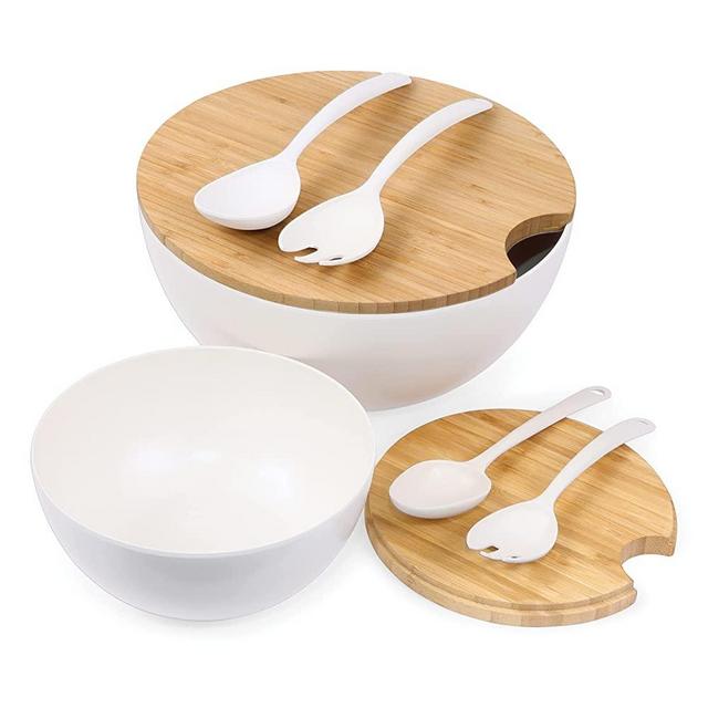 KITEISCAT Extra Large Glass Salad Bowl Set - Salad Bowls for Party with  Acacia Wood Base and Salad Serving Utensils - Elegant and Practical Kitchen