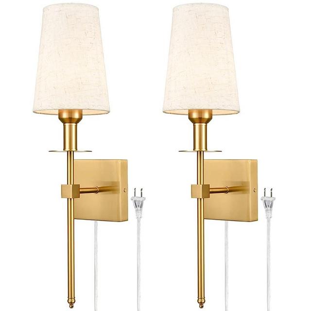 TEENYO Gold Wall Sconces Set of Two Plug in Sconces Wall Lighting with Fabric Shade Modern Bathroom Wall Light Fixture for Bedroom Hallway Kitchen