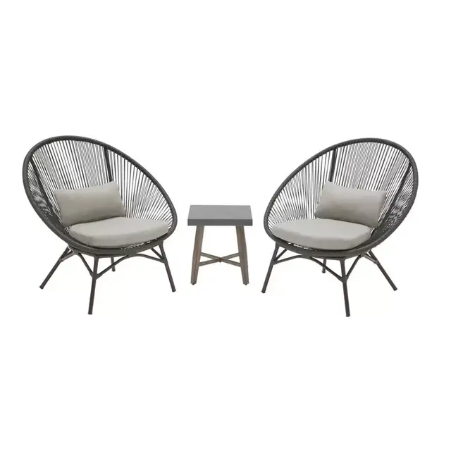 Dark Gray 3-Piece Steel Papasan Rope Outdoor Patio Conversation Seating Set with Gray Cushion