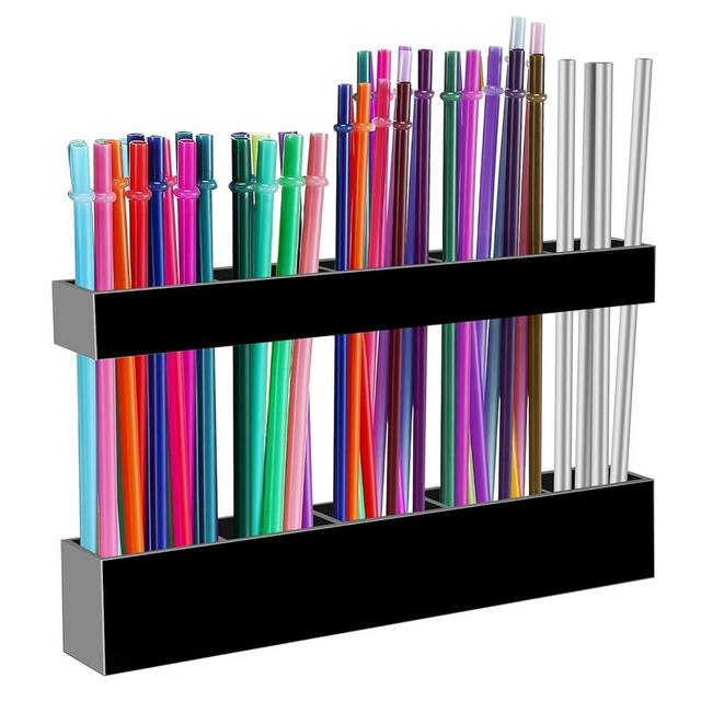 9.5” Large Acrylic Straw Holder for Cabinet Door - Reusable Tumbler Straw Organizer Storage, Small Kitchen Accessories Container, Ultra Sticky Cupboard Door Mounted (Black)