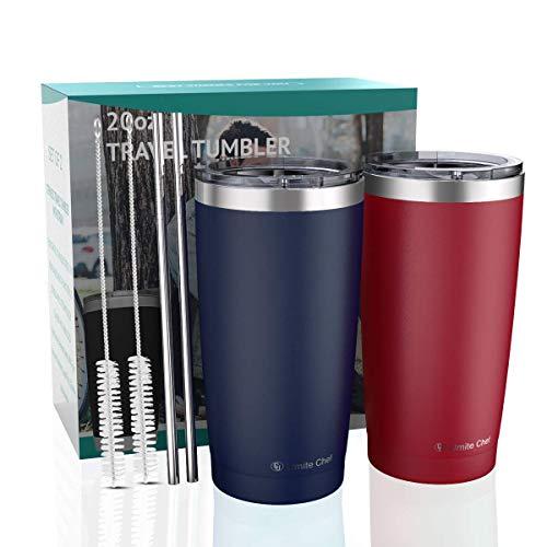 20oz Tumbler with Lid, Umite Chef Stainless Steel Vacuum Insulated Double Wall Travel Tumbler, Durable Insulated Coffee Mug, Navy BlueThermal Cup with Staws(Navy Blue +Red)