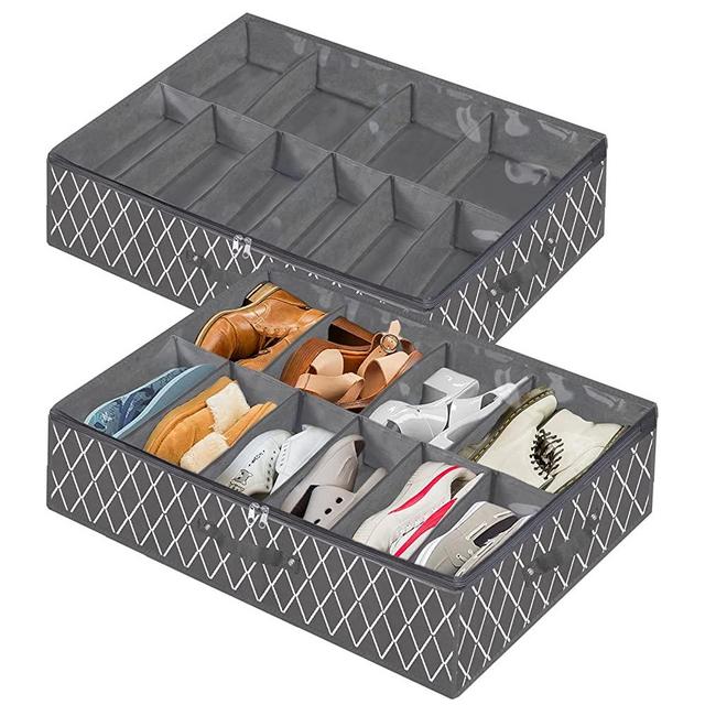 Shoe Organizer Under Bed,Underbed Shoe Storage Boxes Bins,Sturdy Organizador De Zapatos,Extra Large Zapateras Organizer for Closet,Men Women Kids Shoes,High Heels,Short Boots,Sneakers,Grey,Set of 2