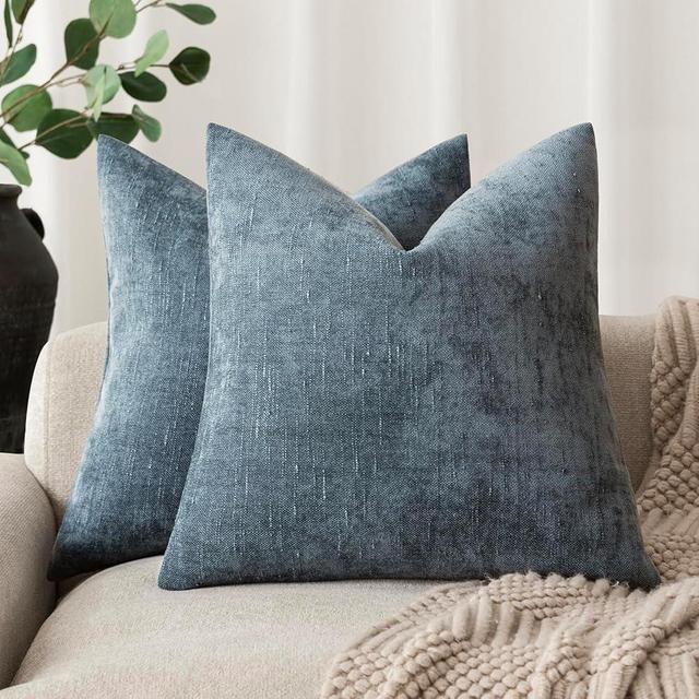 Foindtower Pack of 2 Soft Textured Chenille Throw Decorative Pillow Covers Square Accent Solid Cushion Cover Cozy Neutral Farmhouse Pillow Case for Couch Sofa Bedroom Living Room 22x22 Inch,Blue