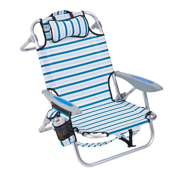 Canpsky Portable Beach Chair for Adults, Outdoor Camping Chair Lay Flat Folding Backpack Beach Reclining Chair with 4 Positions, Headrest, Cooler Pouch, Cup Holder, White Striped