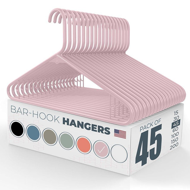 Neaties Plastic Hangers 45 Pack – Made in The USA – 6lb Capacity Standard Clothes Hangers with Strap Hooks for Dresses, Lingerie, Shirts, Pants, and Jackets – Pink
