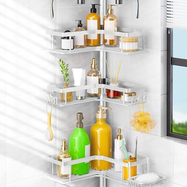 HAMITOR Corner Shower Caddy White: 4-Tier Rustproof Bathroom Bathtub Organizer Shelf with Soap Holder & Hooks - No-Drill Adjustable Standing Tension Pole Rack for Apartment Renters - 47-123 Inch