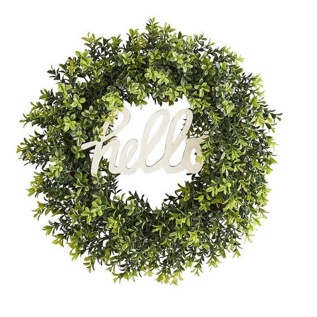 18" Hello Faux Boxwood Wreath