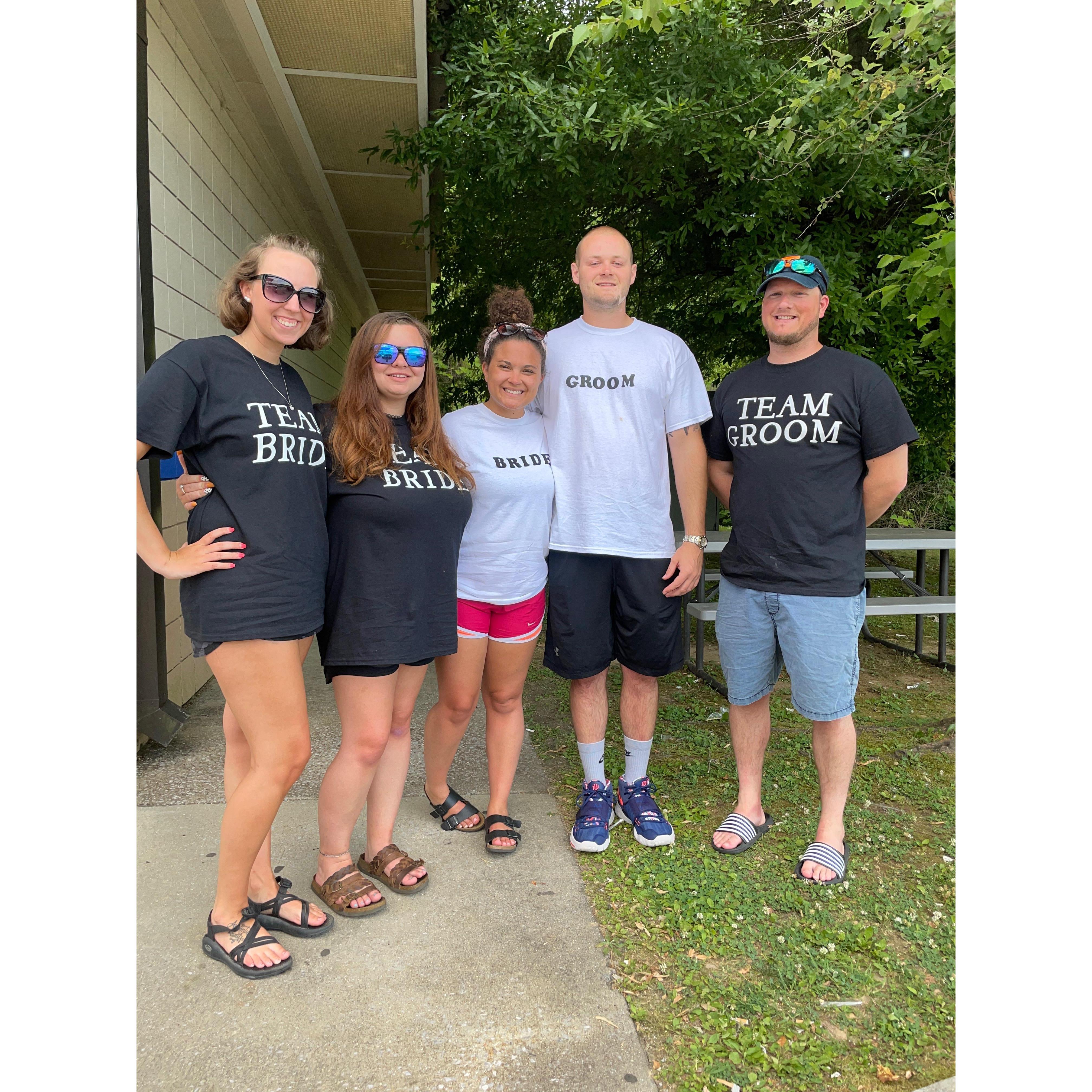 May 26, 2021 •
Mia and TJ with some of the bridal party on their way home from a beach trip. Bridesmaid Peyton created the matching shirts.