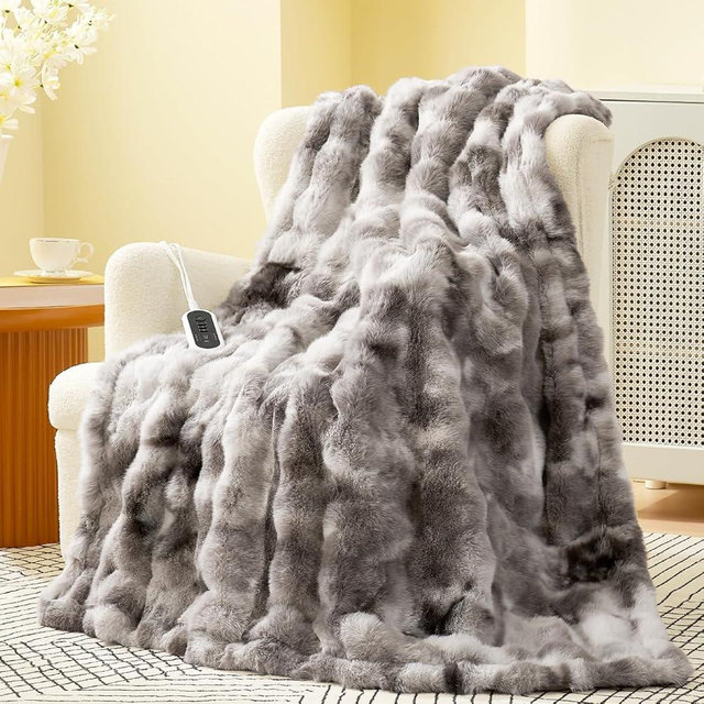 Amélie Home Heated Bubble Faux Fur Blanket Electric - 50"x60" Heating Blanket Throw 2/4/6/8 Hours Auto-Off 8 Heat Level Over-Heat Protection Electric ETL Certification Tie-dye Grey