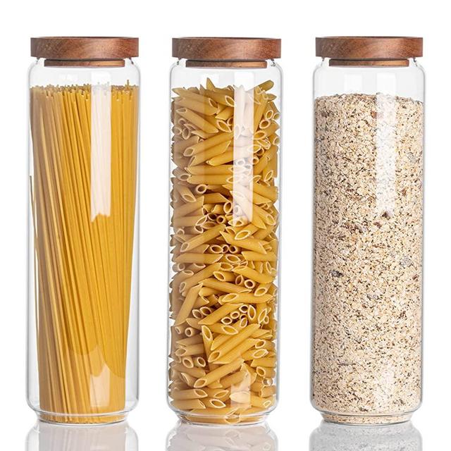 Kanwone Airtight Food Storage Containers Set of 3, 54 Ounce Glass Storage Containers with Bamboo lids, Clear Glass Canisters for Pantry, kitchen, Flour, Sugar, Tea, Coffee, Cookies, Spice and Herbs