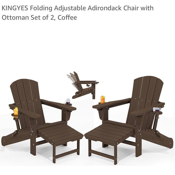 KINGYES Folding Adjustable Adirondack Chair with Ottoman & 2 Cup Holders Set of 2, HDEP Multifunctional Adirondack Chair with Footrest, Brown