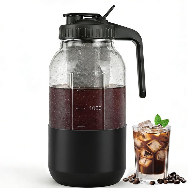 Cold Brew Coffee Maker, 64oz Mason Jar Pitcher with Stainless Steel Filter, Leak-Proof Lid with Pour Spout & Handle, Heavy Duty Glass Iced Coffee Tea Brewer with Protective Silicone Sleeve-Black