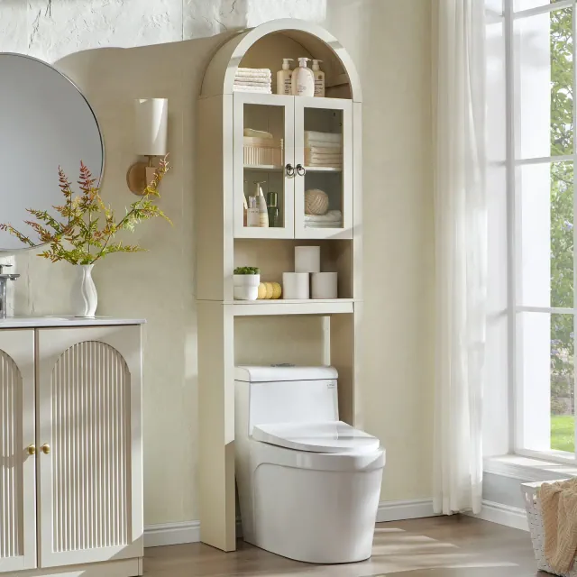 Arched Over The Toilet Storage Cabinet with Acrylic Doors, Bathroom Shelf Organizer, Modern Bathroom Cabinet with Adjustable Shelf, Cream