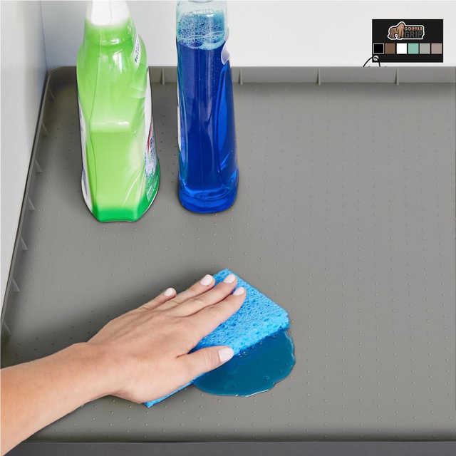 GORILLA GRIP Waterproof Silicone Under Sink Mat with Raised Lip for Kitchen and Bathroom, 34 x 22 in, Cabinet Shelf Liner Stay in Place Mats Dishwasher Safe Drawer Liner, Organizer Tray, Gray