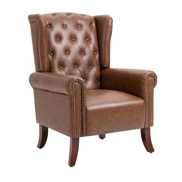 MOJAY Mid-Century PU Leather Accent Chair, Living Room Lounge Sofa Chair with Buttons, Single Club Armchair with Rivet Trim for Bedroom Home Reception (Brown)