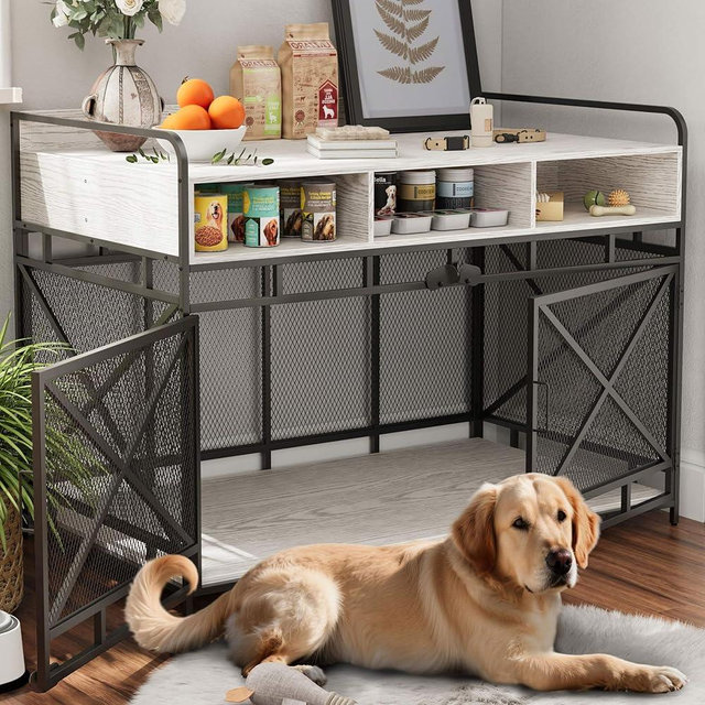 Fulhope Dog Crate Furniture, 48" Heavy Duty Wooden Dog Crate End Table, XL Dog Kennel Furniture Large Breed, Decorative Dog Kennel Indoor with 3 Drawers & Steel Tubes 48" L x28 W x36 H (White)