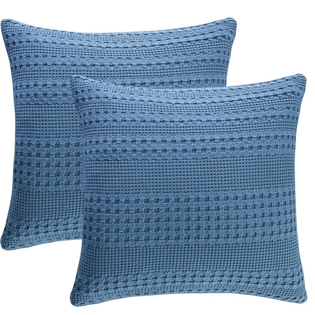 PHF 100% Cotton Waffle Weave Euro Sham Covers, 2 Pack 26" x 26" Bed Pillow Covers for Elegant Home Decor, No Filling, Luxury Aesthetic Soft Euro Pillow Cases for Bed, Captain's Blue