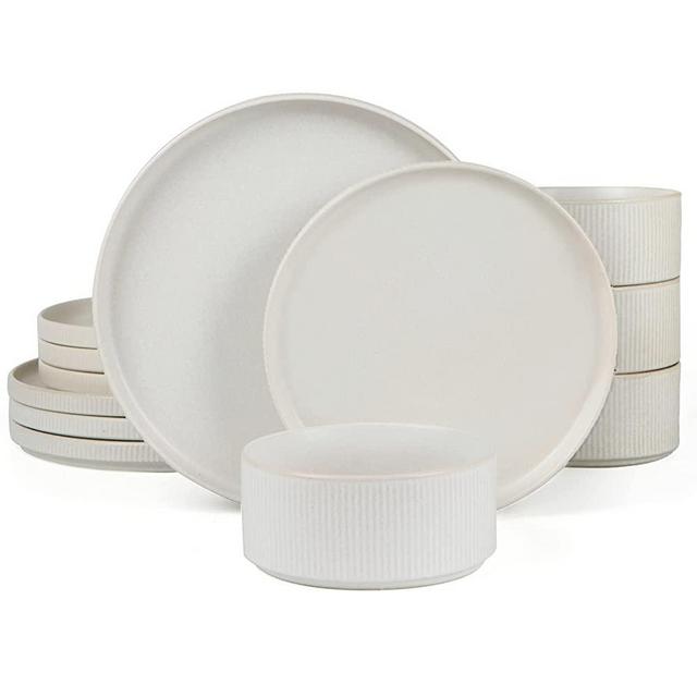 Famiware Star Dinnerware Sets, Plates and Bowls Set for 4, 12 Piece Dish Set, Microwave and Dishwasher Safe, Matte White