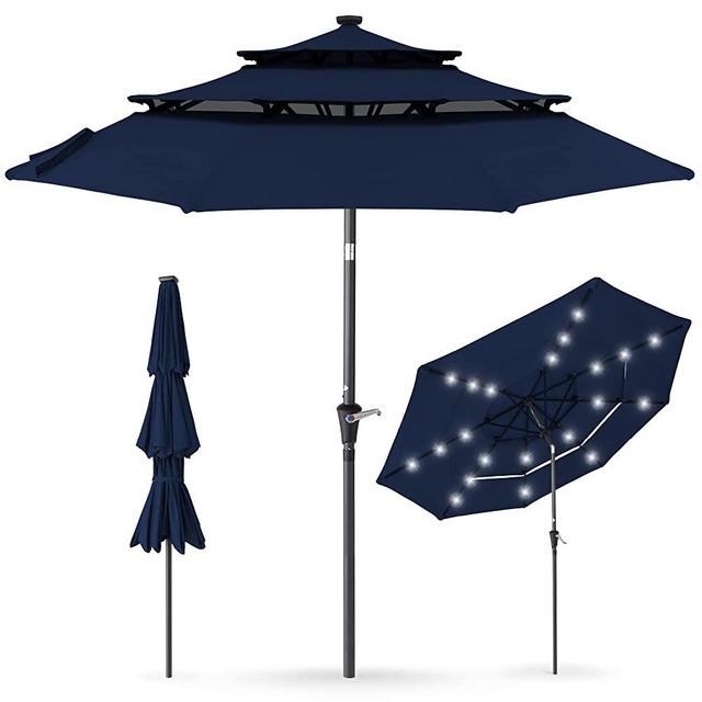 Best Choice Products 10ft 3-Tier Solar Patio Umbrella, Outdoor Market Sun Shade for Backyard, Deck, Poolside w/ 24 LED Lights, Tilt Adjustment, Easy Crank, 8 Ribs - Navy