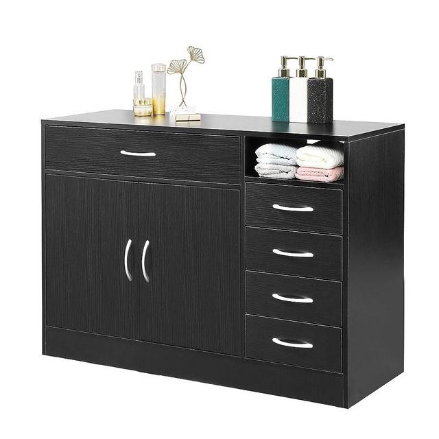 Duitrc Bathroom Cabinet, Storage Cabinet Free Standing, with 5 Drawer and Double Doors, Kitchen Cupboard, Wooden Entryway Storage Cabinet, 41.3 x 15.6 x 29.1 Inches, Black