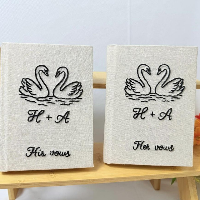 Hand Embroidered Vow Book A6 size, Custom Vow Book, Swans Hand Embroidered Notebook, Fabric Hard cover, Handmade Notebook