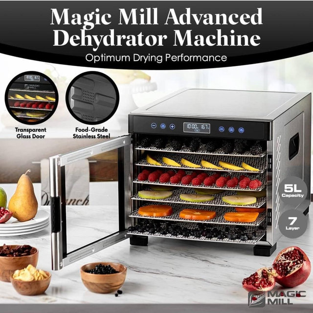 Magic Mill Food Dehydrator Machine | 7 Stainless Steel Trays | Dryer for Jerky, Dog Treats, Meat, Beef, Fruit, Keep Warm Function, Digital Timer, Temperature Control, Overheat Protection, ETL Approved