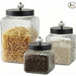 Style Setter Square Canister Set 3-Piece Glass Jars in 43, 64 and 75 ounces Chic Retro Design with Airtight Stainless Steel Lids for Cookies, Candy, Hammered