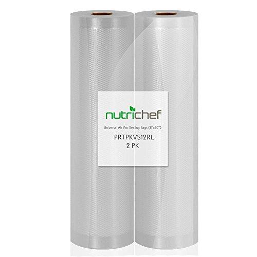 NutriChef PRTPKVS12RL Premium (2) Vacuum Sealer Bags-8" Wx50'L PKVS10BK, PKVS10WT, PKVS18SL, PKVS18BK, PKVS20STS, PKVS30STS, and Other Brands, One Size, 8"x50' Rolls (2-Pack)