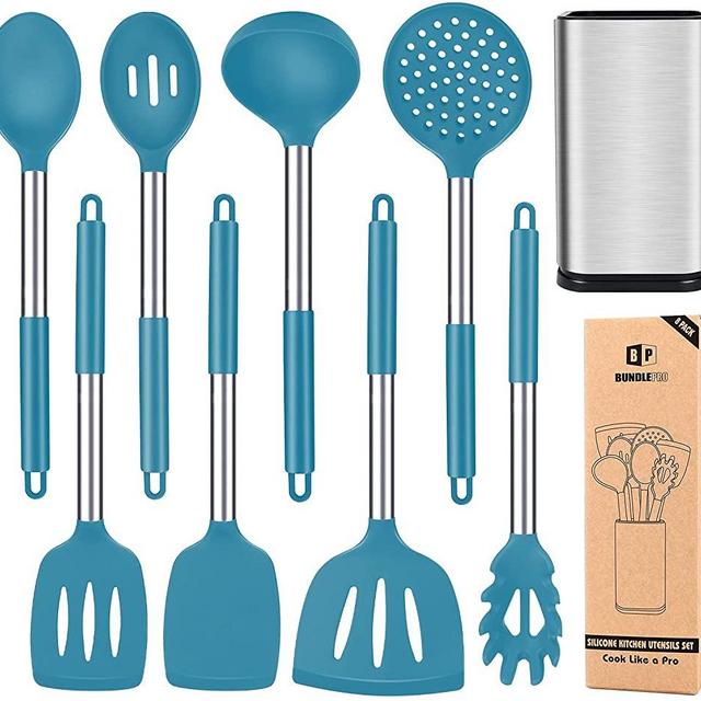 Silicone Cooking Utensil Set, 8Pcs Non-stick Cookware with Stainless Steel Handle, BPA Free Heat Resistant Kitchen Tools with Spatulas, Turners, Spoons, Skimmer and Pasta Fork