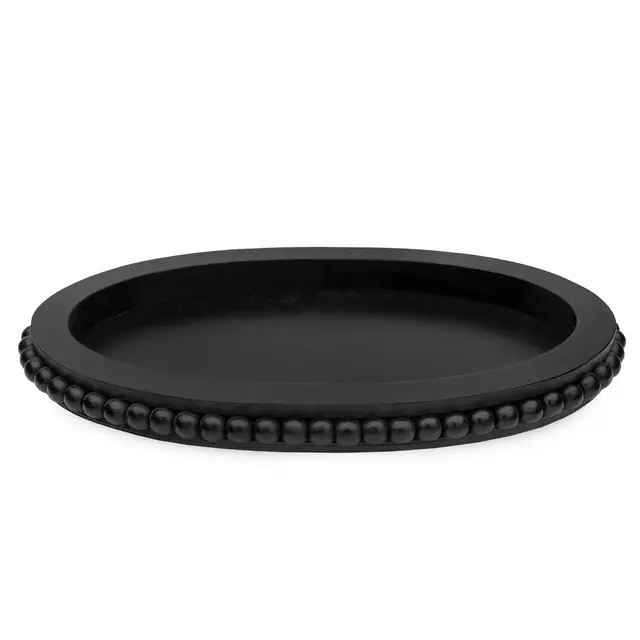 AuldHome Design Black Wood Beaded Tray; Decorative Farmhouse Style Oval